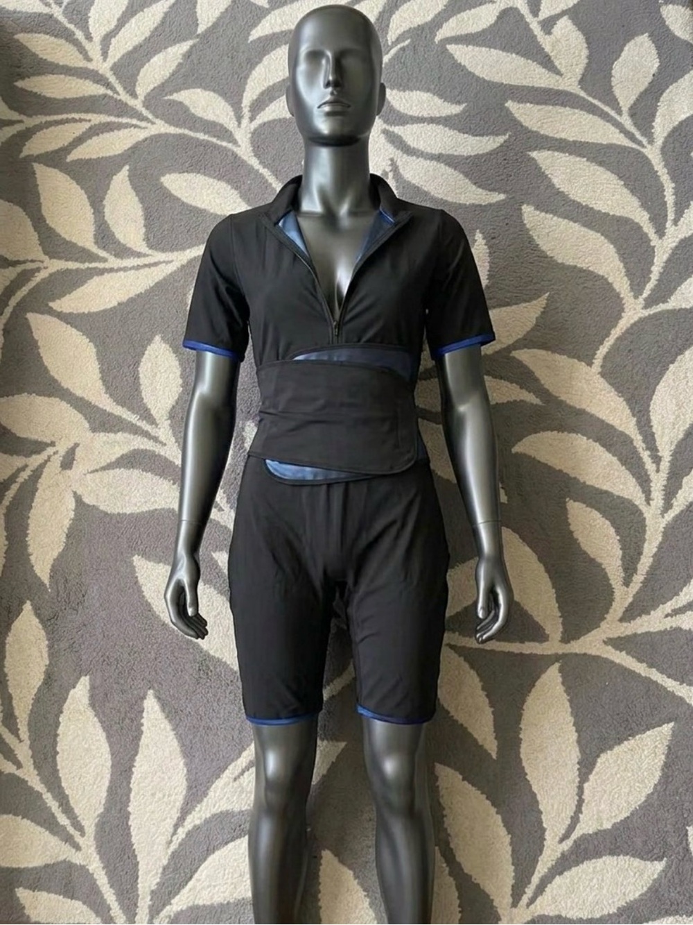 Sauna romper with belt Black Short-Sleeve Romper with Blue Trim